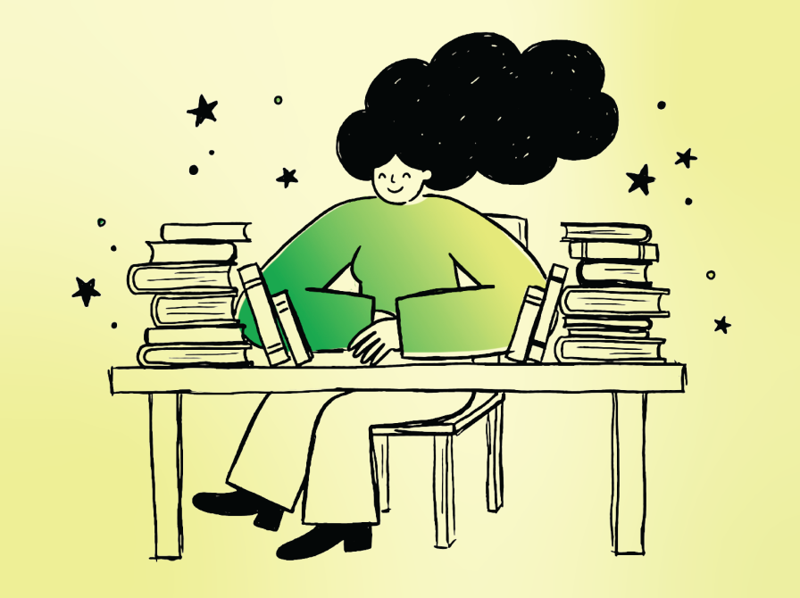 Grafisk tegning af pige siddende ved bord mellem to stabler af bøger. 